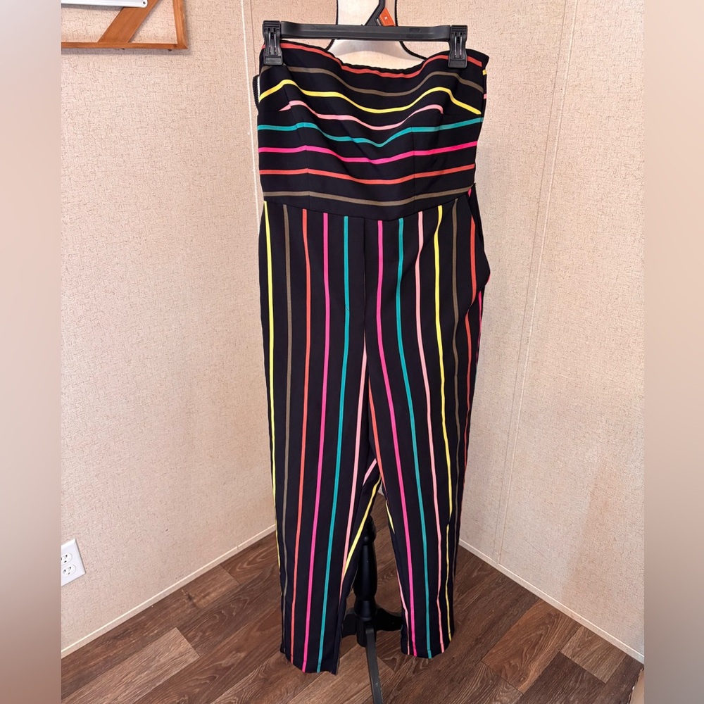 New York & Company Multicolor Striped Jumpsuit pockets strapless